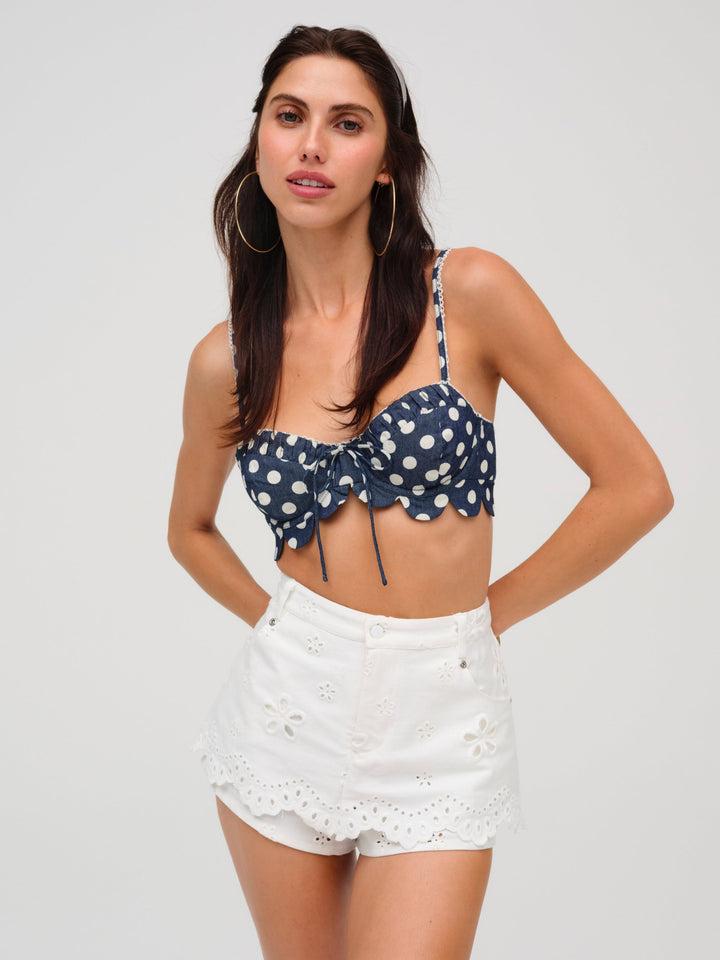Daisy Eyelet Denim Skort — White Product Image