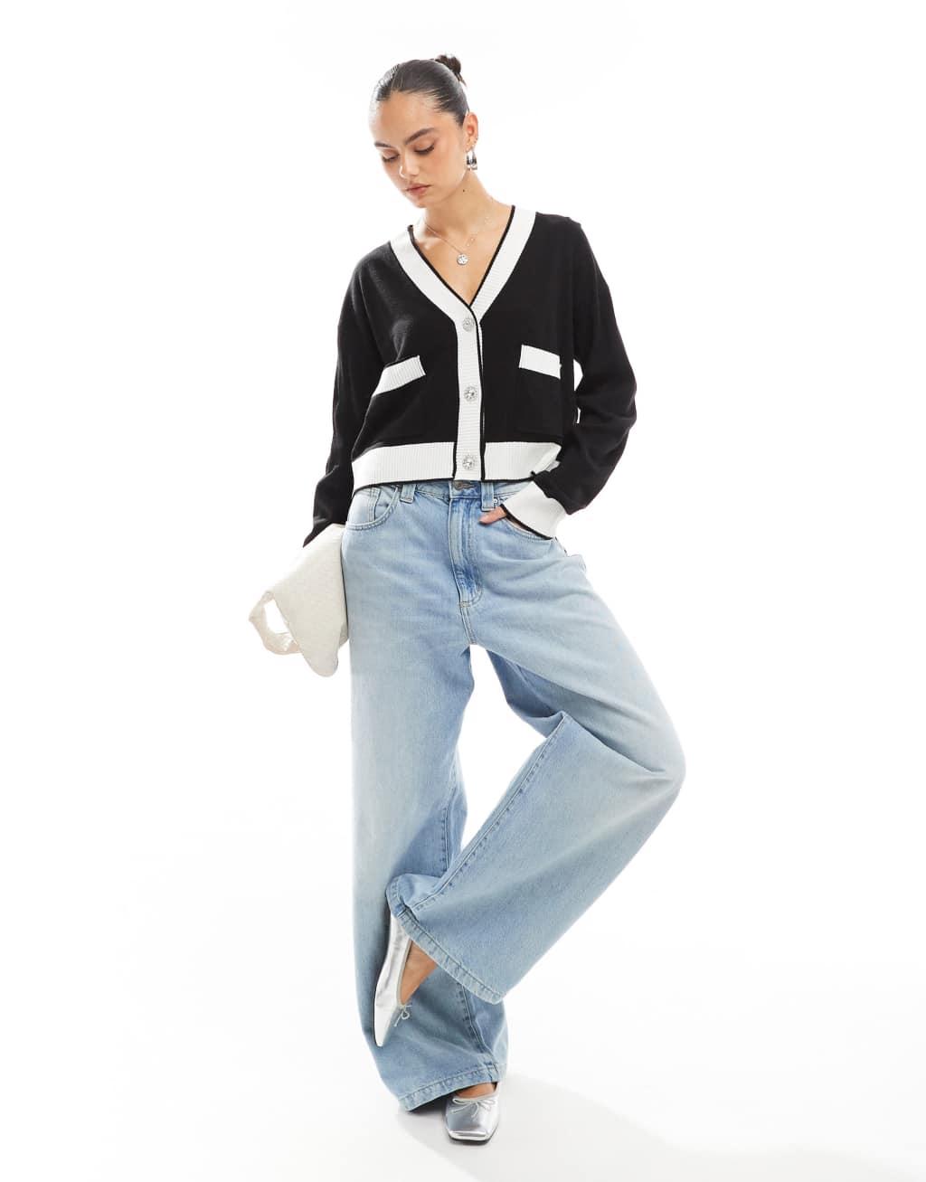 Brave Soul contrast trim cardigan with diamante buttons in black Product Image