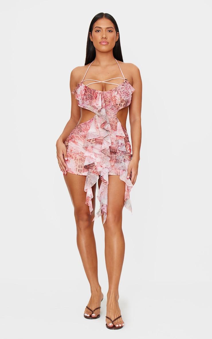 Shape Pink Mesh Printed Ruffle Open Back Halter Dress Product Image