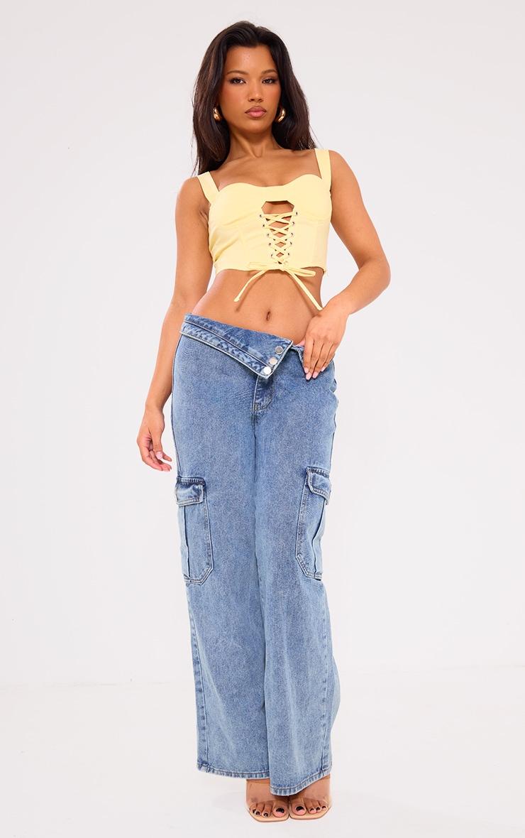 Lemon Stretch Woven Boned Lace Up Crop Top Product Image