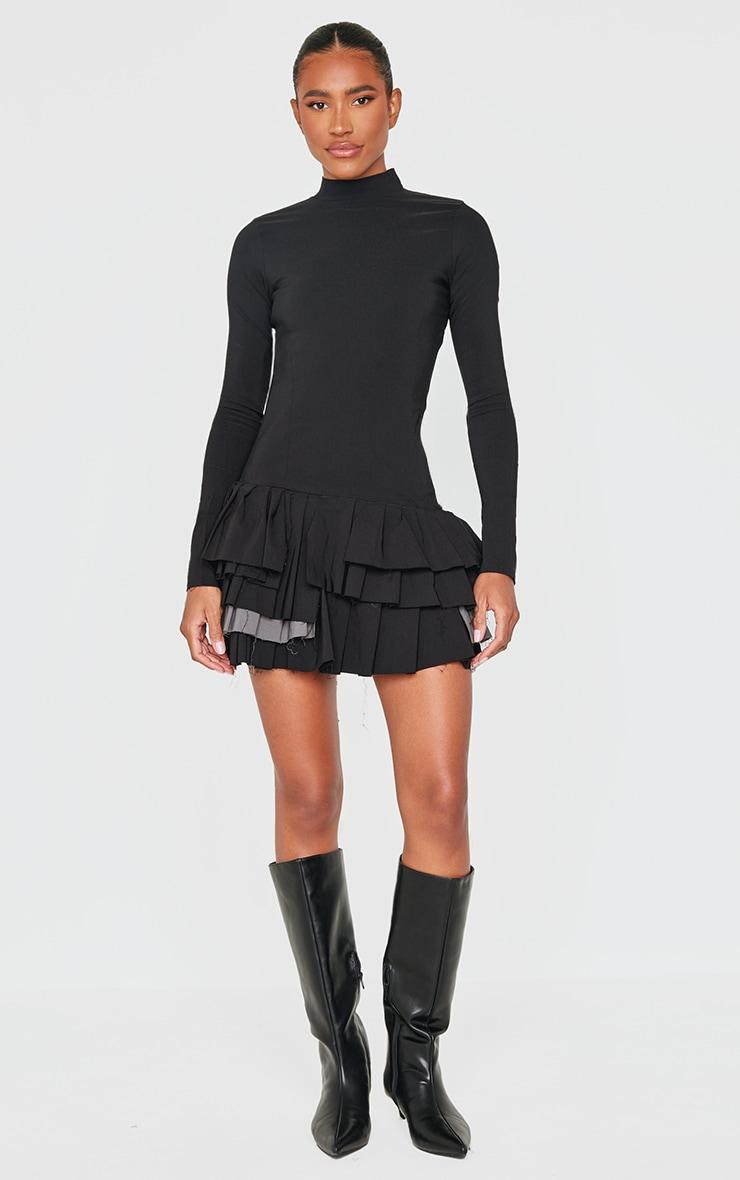 Black Stretch Woven Extreme Pleated Long Sleeve Shift Dress Product Image