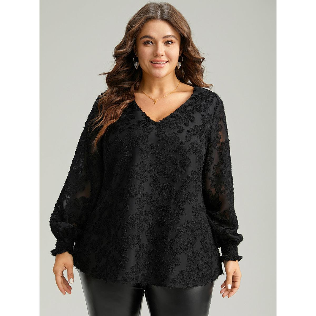 Plus Size Black Plain Appliques Mesh V Neck Shirred Blouse Women Party&Cocktail Long Sleeve V-neck Party Blouses BloomChic 12/L Product Image