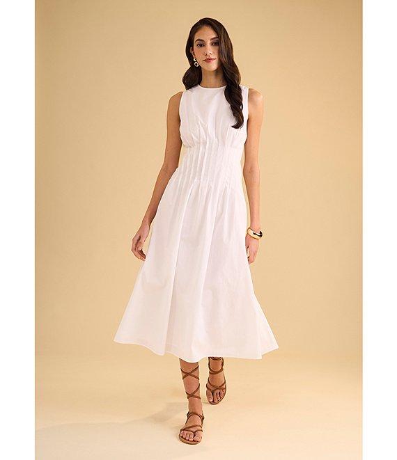 1. STATE Poplin Crew Neckline Sleeveless Pintuck Midi Fit And Flare Midi Dress Product Image