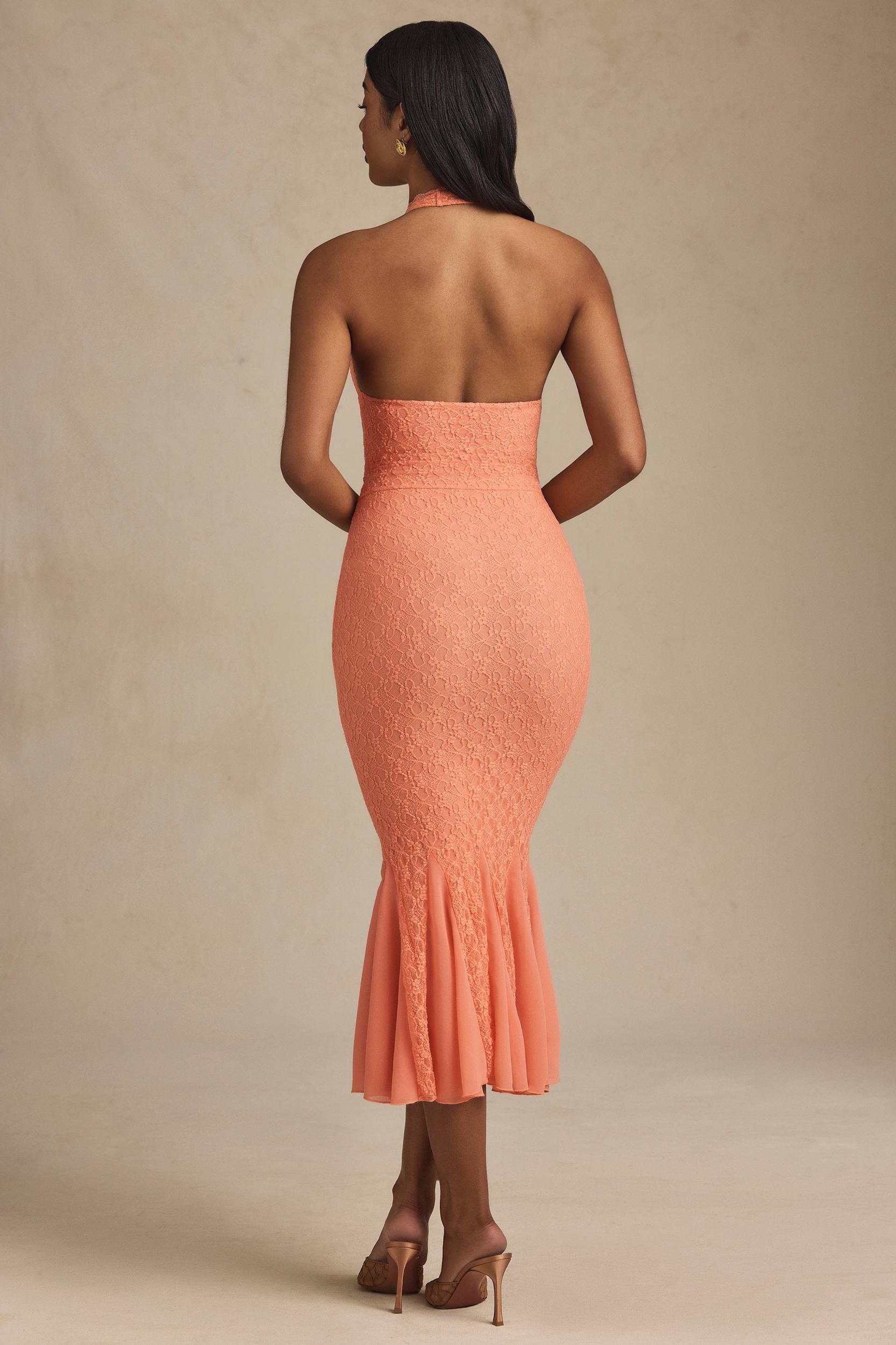 Halterneck Corset Lace Midaxi Dress in Peach Product Image