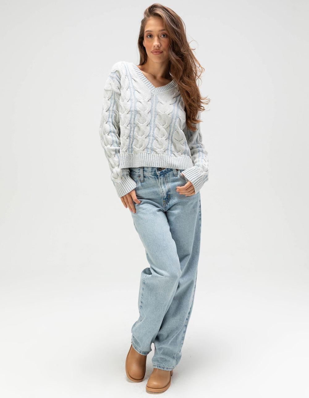 FREE PEOPLE Washed Cable Knit Womens V-Neck Sweater - LIGHT BLUE Product Image