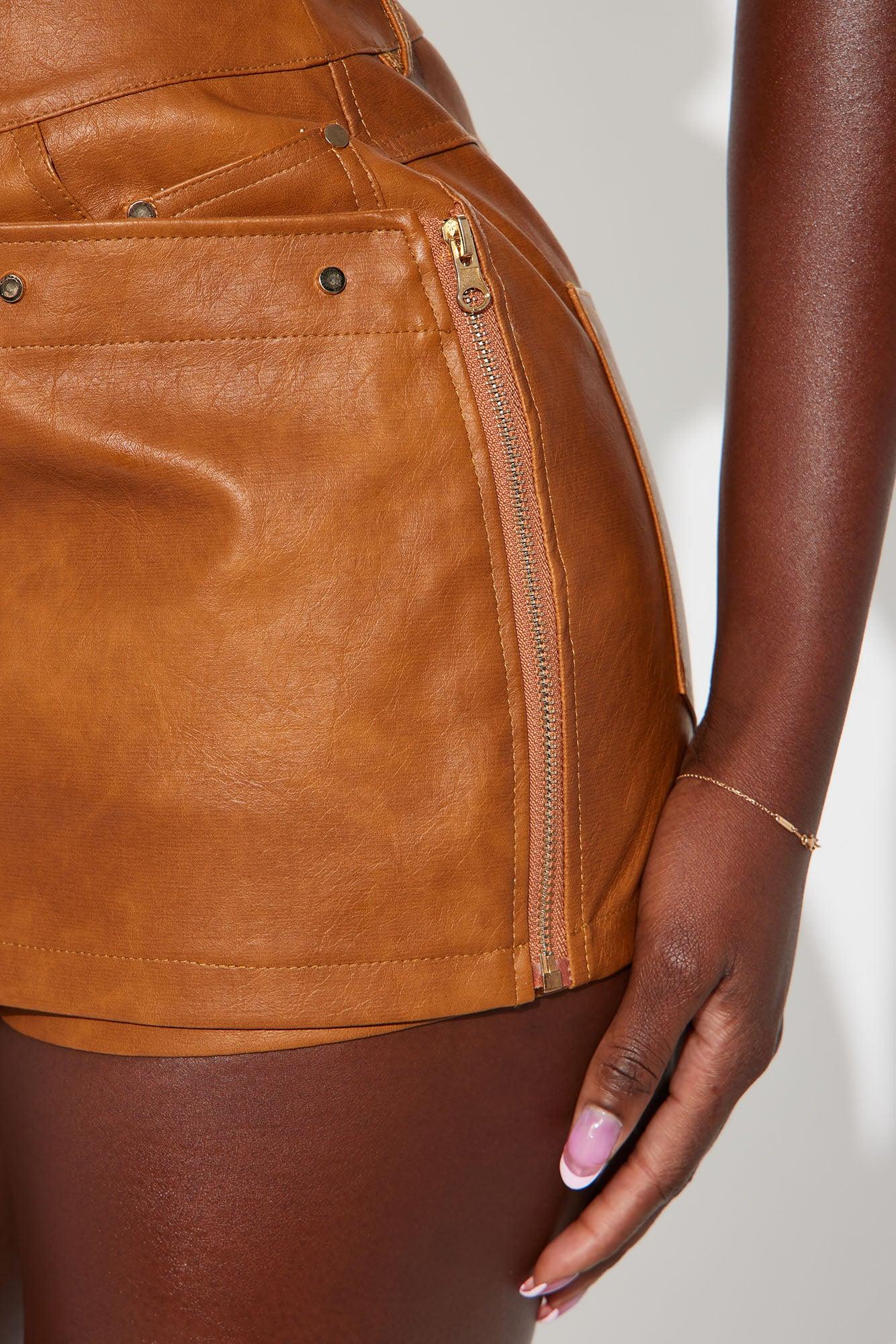 Here And There Studded Faux Leather Skort - Camel Product Image