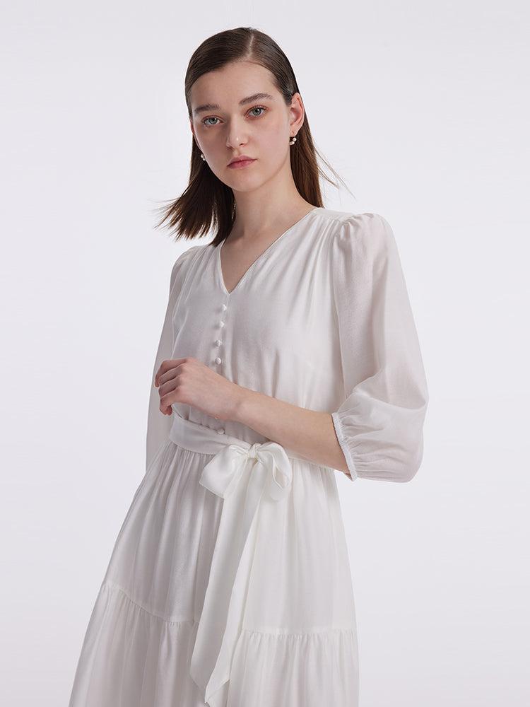 White V-Neck Gathered Waist Midi Dress Product Image