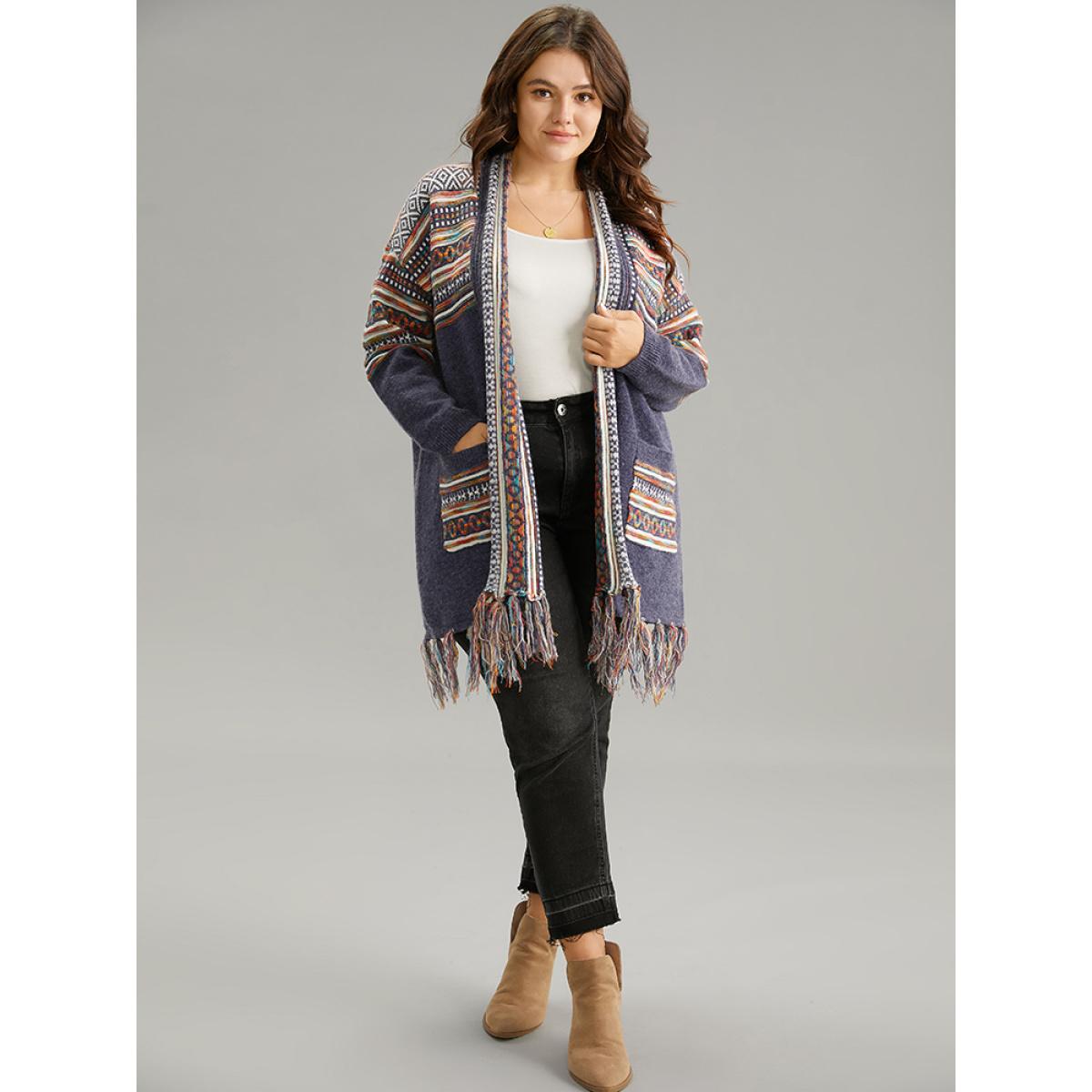 Plus Size Supersoft Essentials Bandana Tassel Trim Cardigan Indigo Women Casual Loose Long Sleeve Everyday Cardigans BloomChic 30/6X Product Image