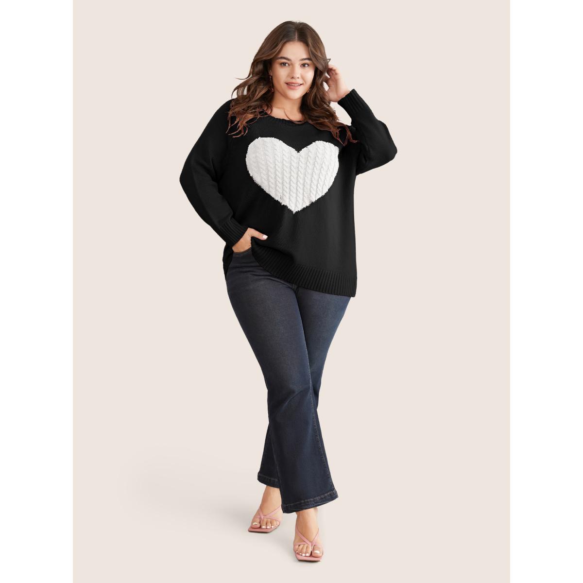 Plus Size Heart Cable Knit Two Tone Raglan Sleeve Pullover Black Women Casual Long Sleeve Round Neck Everyday Pullovers BloomChic 18-20/2X Product Image
