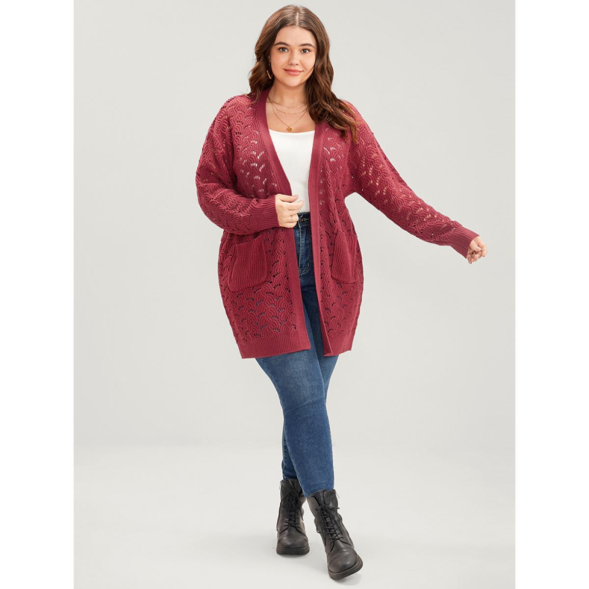 Plus Size Plain Pointelle Knit Cut Out Pocket Open Front Mid Long Cardigan Burgundy Women Casual Loose Long Sleeve Dailywear Cardigans BloomChic 22-24/3X Product Image