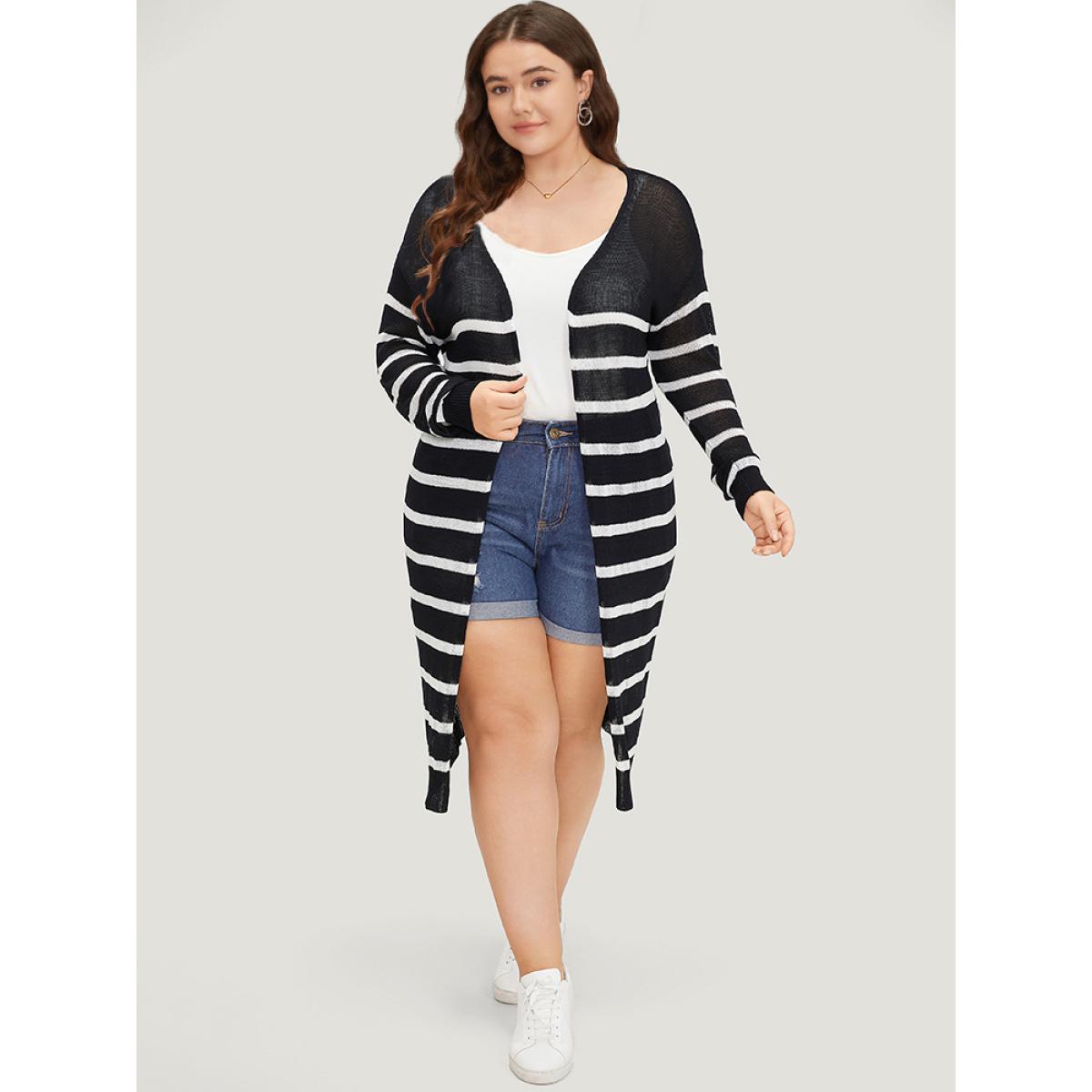 Plus Size Striped Open Front Elastic Cuffs Drop Shoulder Cardigan Black Women Casual Loose Long Sleeve Everyday Cardigans BloomChic 14-16/1X Product Image