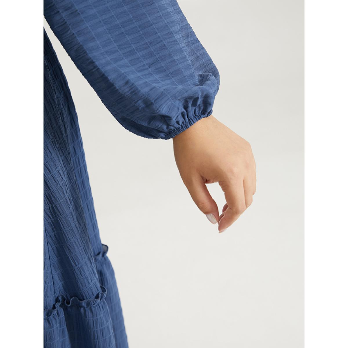 Plus Size Solid Plisse Ties Frill Trim Ruched Dress Cerulean Women Elegant Elastic cuffs Tie Neck Long Sleeve Curvy Midi Dress BloomChic 26/4X Product Image