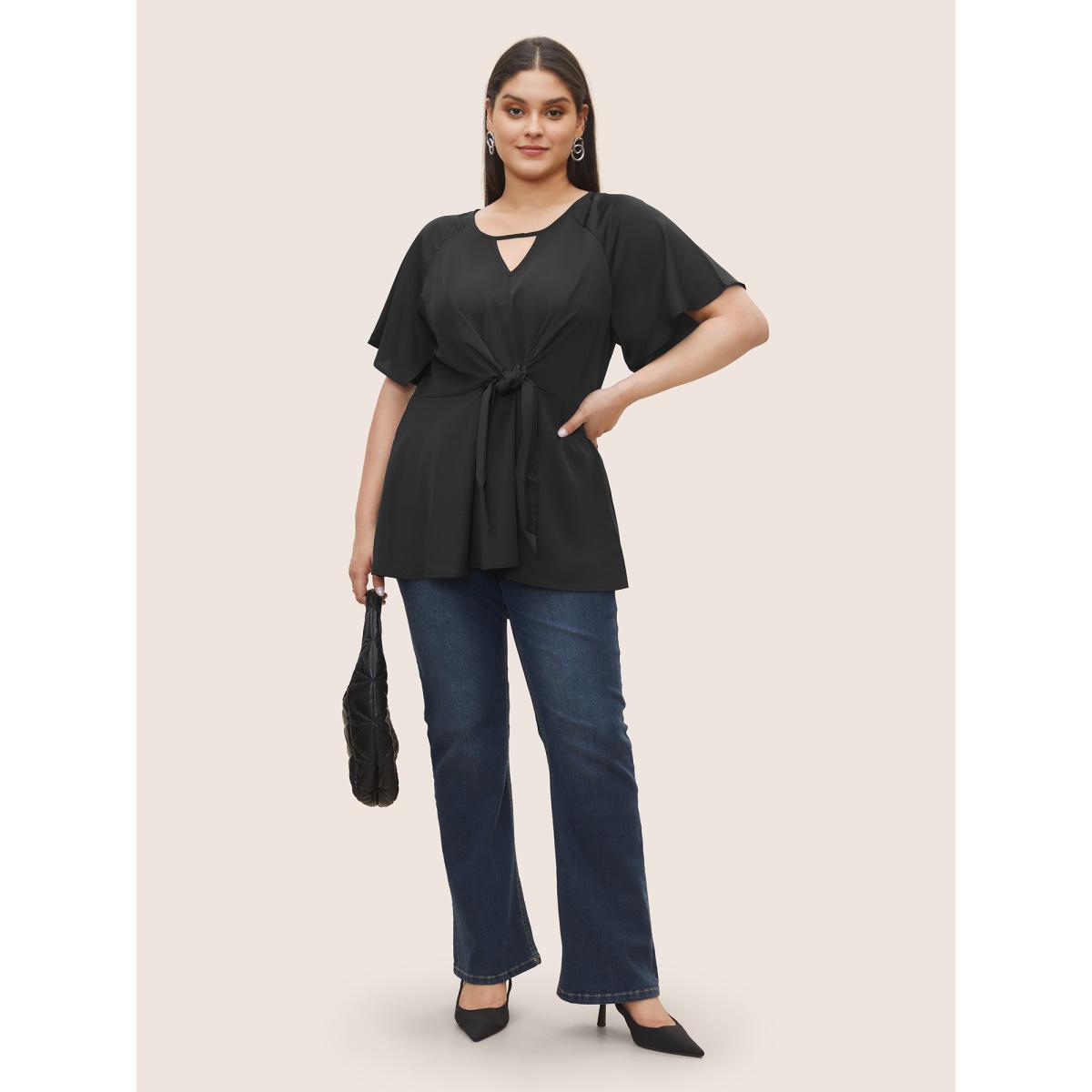 Plus Size Black Plain Keyhole Knotted Front Ruffle Sleeve Blouse Women Office Short sleeve Round Neck Office Blouses BloomChic 22-24/3X Product Image