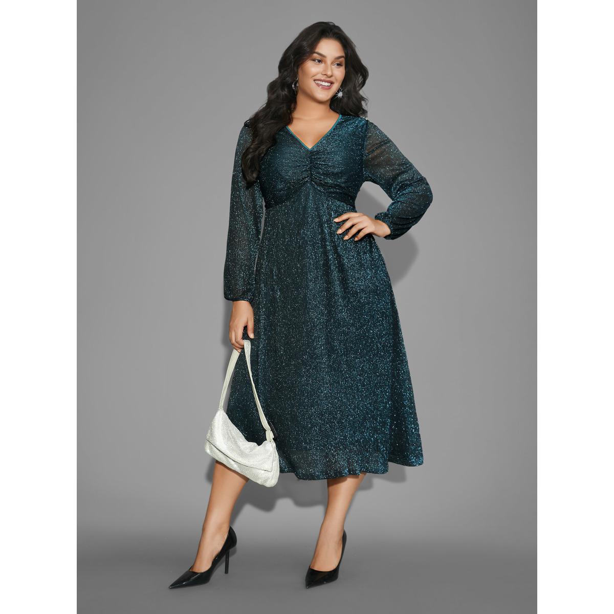 Plus Size Luxe V Neck Ruched Mesh Dress Aegean Women Cocktail Gathered Party Curvy Bloomchic 14-16/1X Product Image