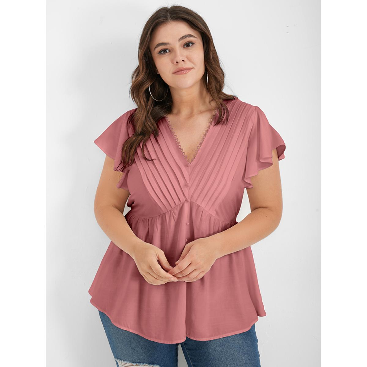 Pleated Flutter Sleeve Plain Plus Size Women Dailywear Blouses Short Sleeve V Neck Elegance Blouses BloomChic Product Image