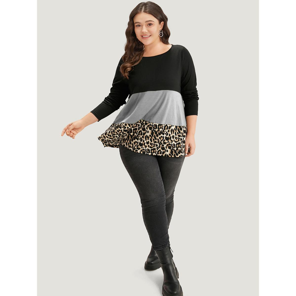 Plus Size Colorblock Leopard Contrast Round Neck T-shirt Gray Women Casual Contrast Leopard Round Neck Everyday T-shirts BloomChic 12/L Product Image