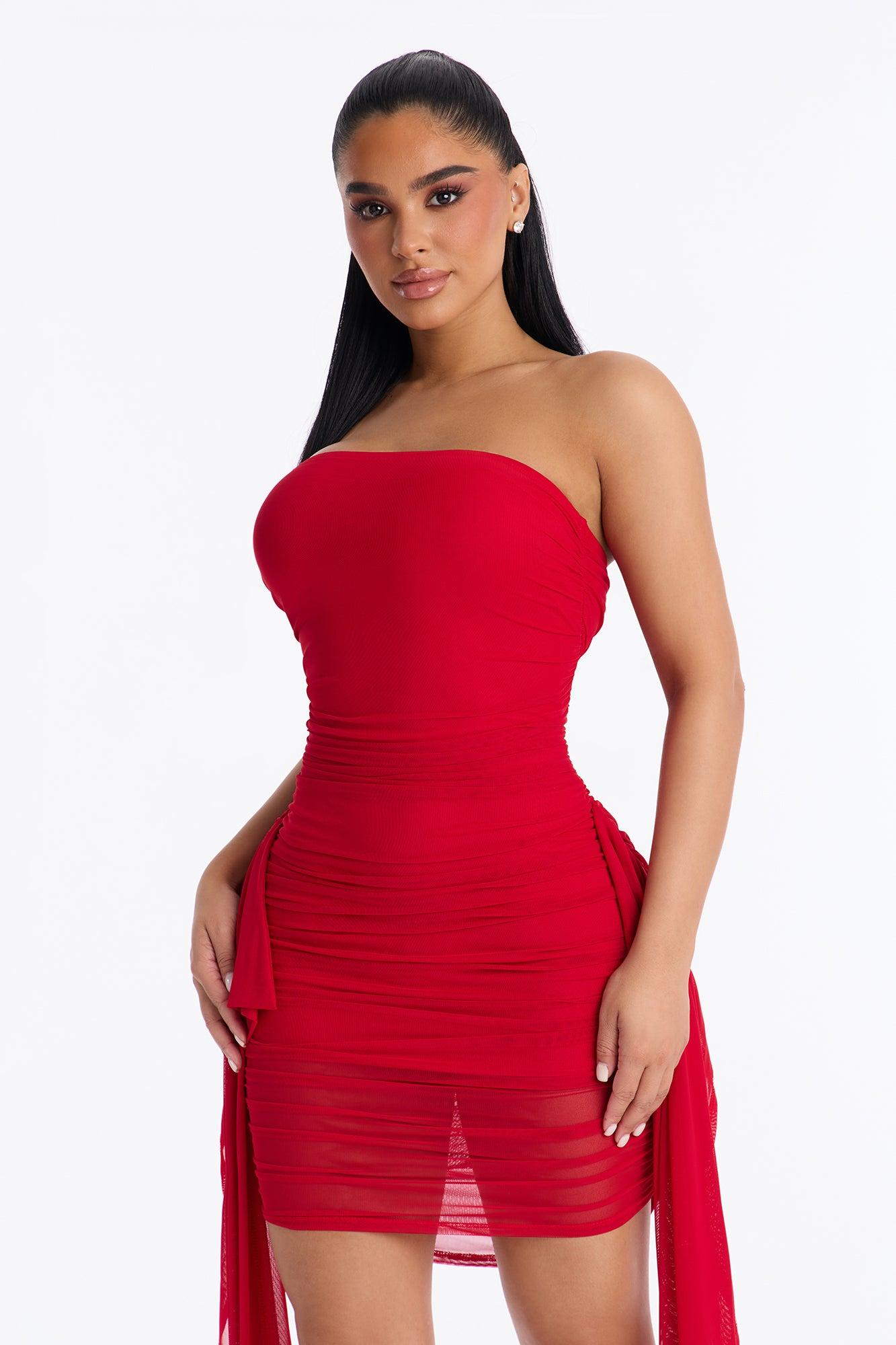 Cassia Strapless Mesh Mini Dress - Red Female Product Image