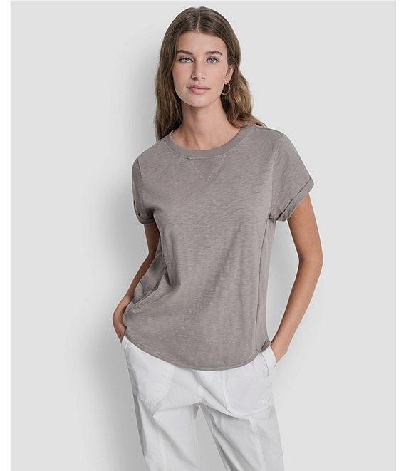 DKNY Sport by Donna Karan Cotton Slub Jersey Stripe Crew Neck Short Rolled Cuff Tee Product Image