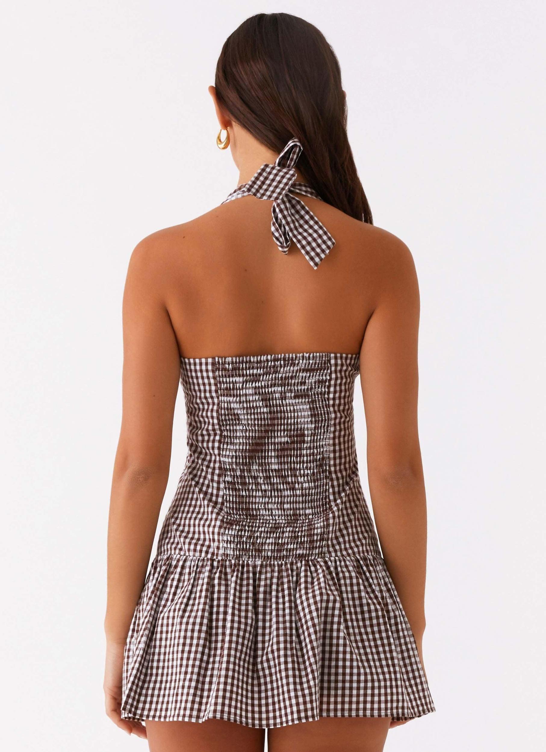 New Look Shirred Halter Mini Dress - Chocolate Gingham Product Image