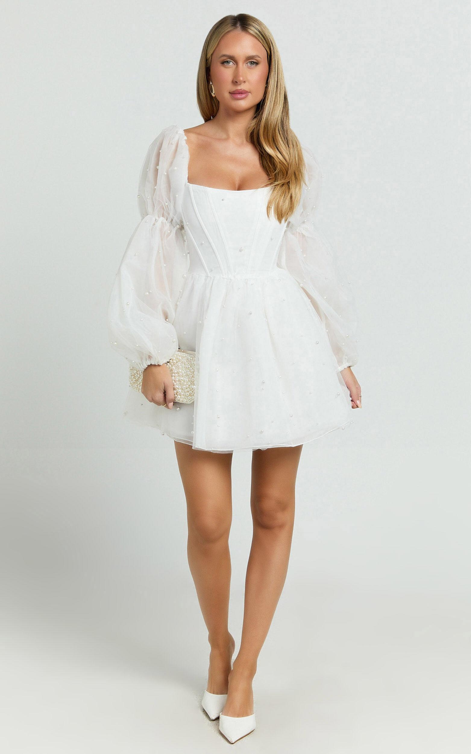 Ingrid Mini Dress - Long Puff Sleeve Pearl Detail Dress in White Product Image