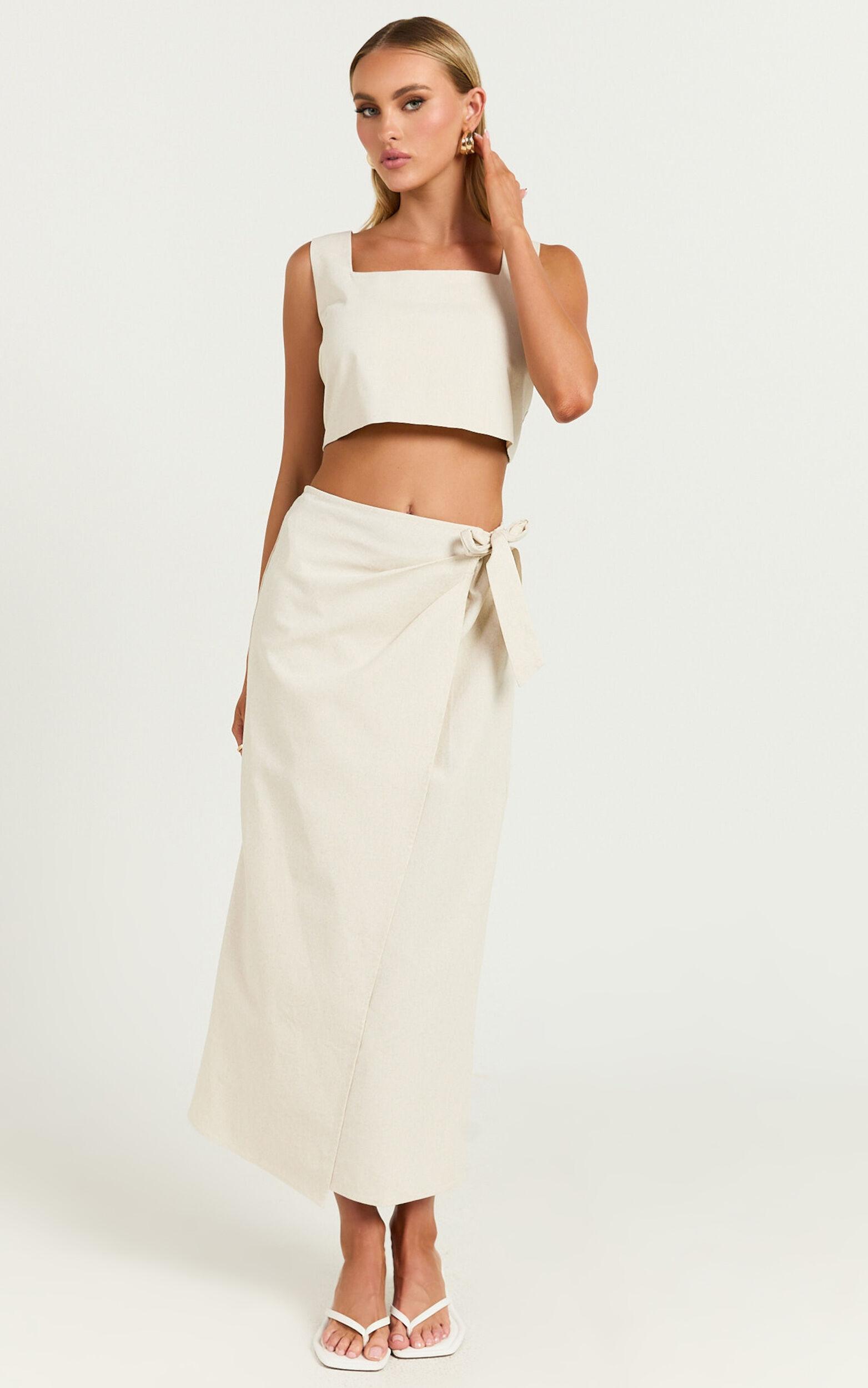 Genna Midi Skirt - Linen Look Wrap Skirt in Natural Product Image