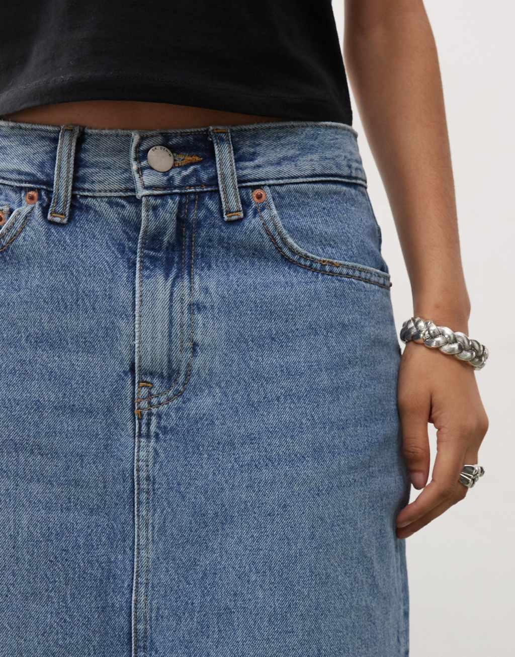 Dr Denim Myra maxi denim skirt with front slit in stream light blue retro wash Product Image