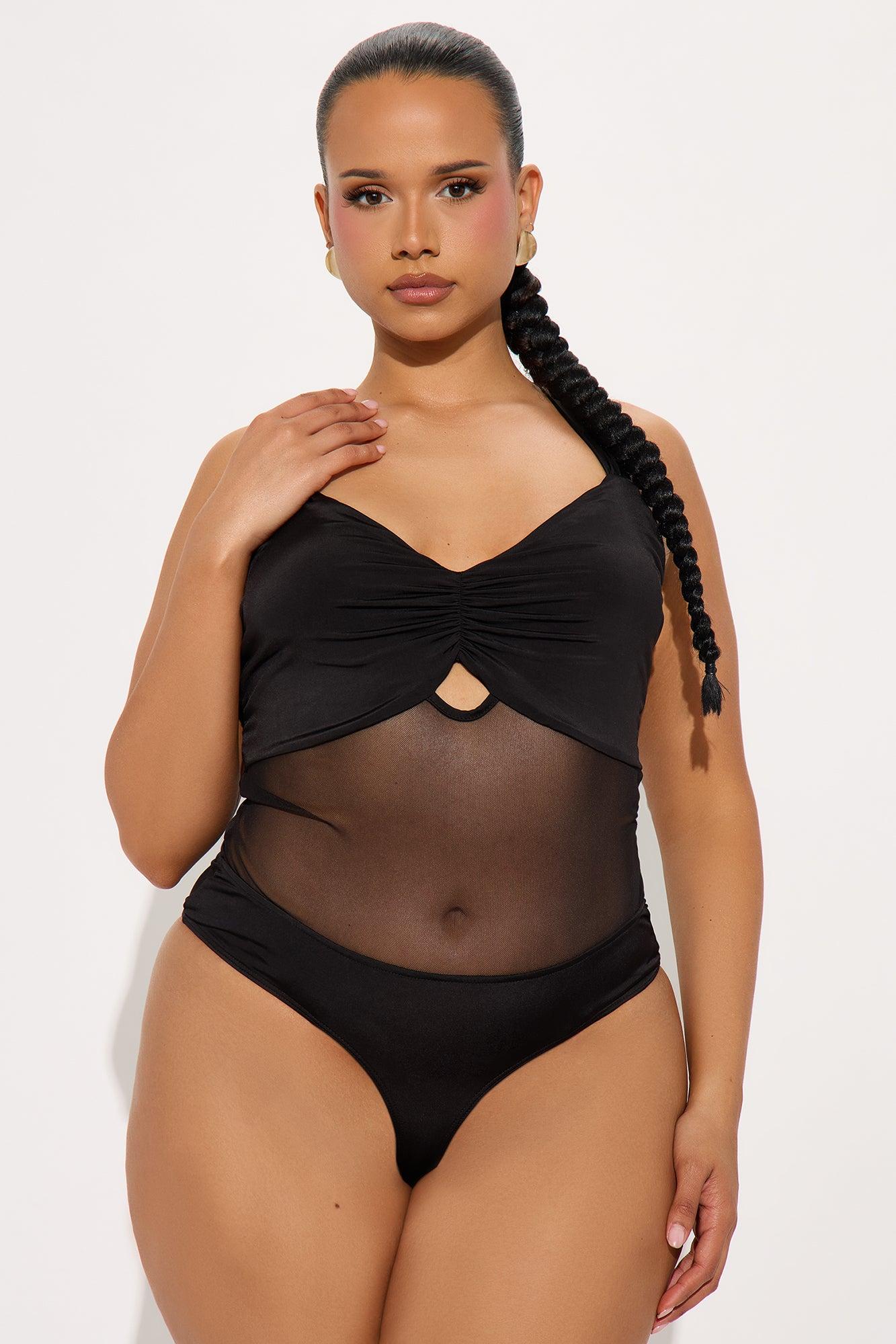 Alluring Mesh Cut Out Ruched Bodysuit - Black Product Image