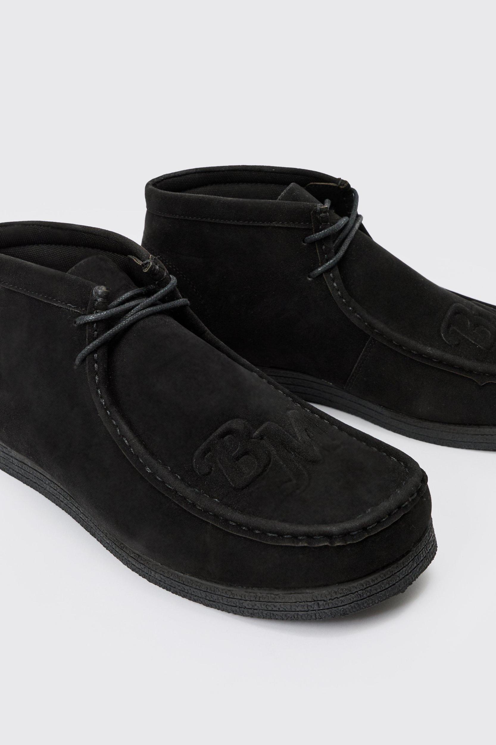 Faux Suede Apron Front Embossed Branding Shoes In Black | boohooMAN USA Product Image