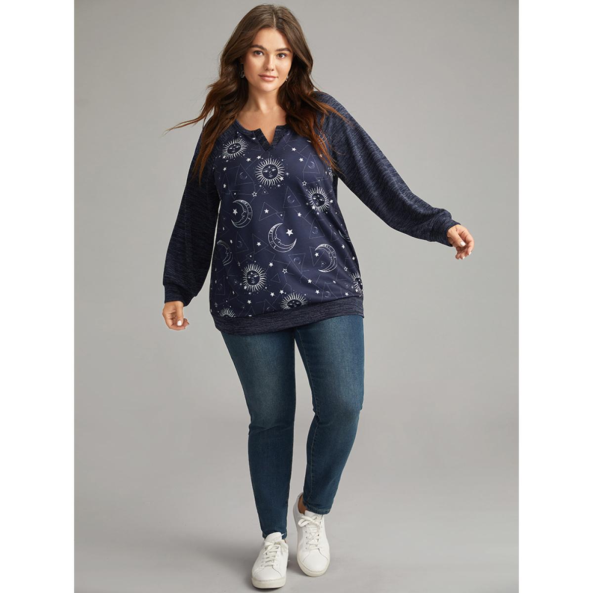 Plus Size Halloween Moon & Star Notched Raglan Sleeve Sweatshirt Women Indigo Casual Elastic cuffs Notched collar Festival-Halloween Sweatshirts BloomChic 26/4X Product Image