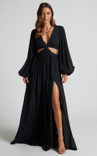 Paige Maxi Dress - Side Cut Out Balloon Sleeve Dress in Black Product Image