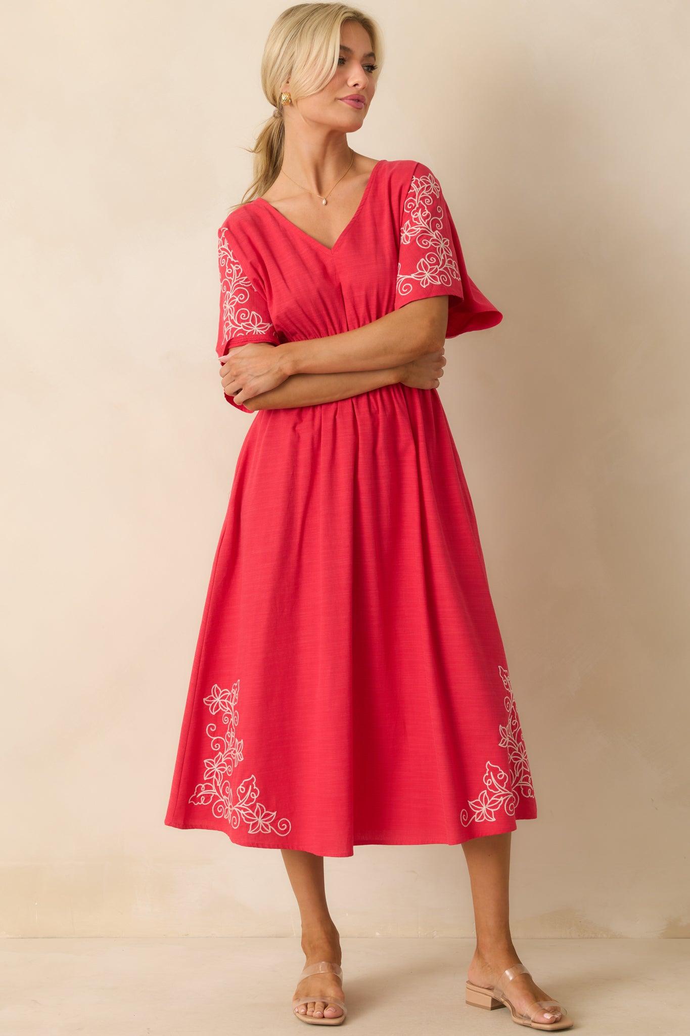 Finding Your Way Red Floral Embroidered Cotton Midi Dress Product Image