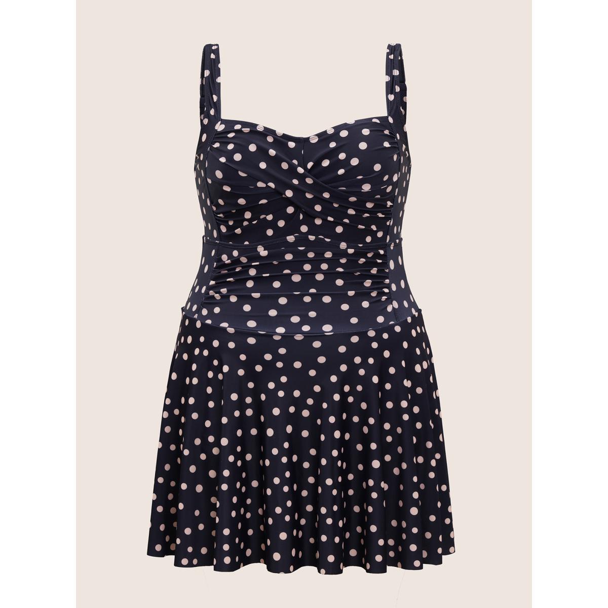 Plus Size Polka Dot Crossover Adjustable Straps Swim Dress Women's Swimwear Black Beach Bodycon Heart neckline High stretch Curve Swim Dresses BloomChic 28/5X Product Image
