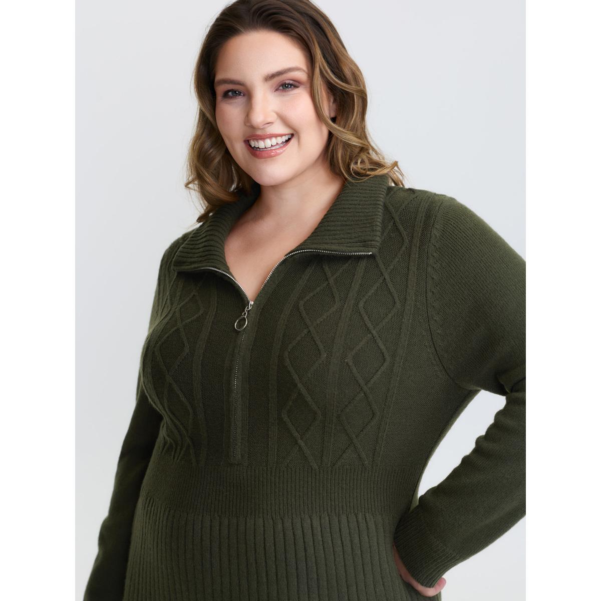 Plus Size Zipper Front Fit and Flare Midi Sweater Dress ArmyGreen Women Timeless Bodycon Long Sleeve Casual Sweater Dresses BloomChic 14-16/1X Product Image