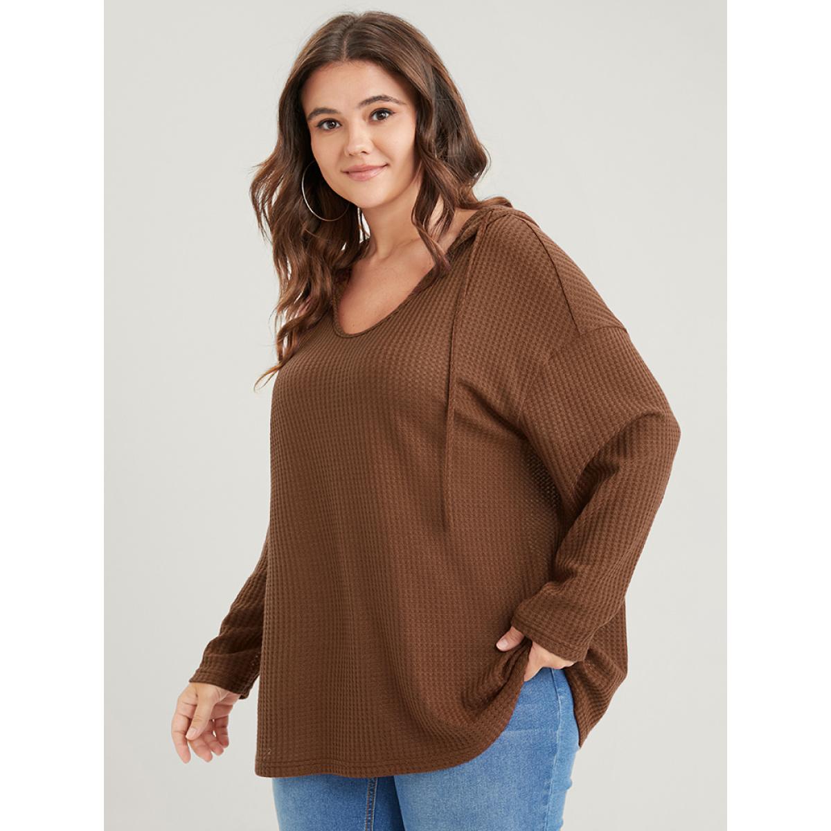 Plus Size Plain Ties Waffle Knit Hooded Sweatshirt Women Chocolate Casual Plain Hooded Dailywear Sweatshirts BloomChic 10/M Product Image