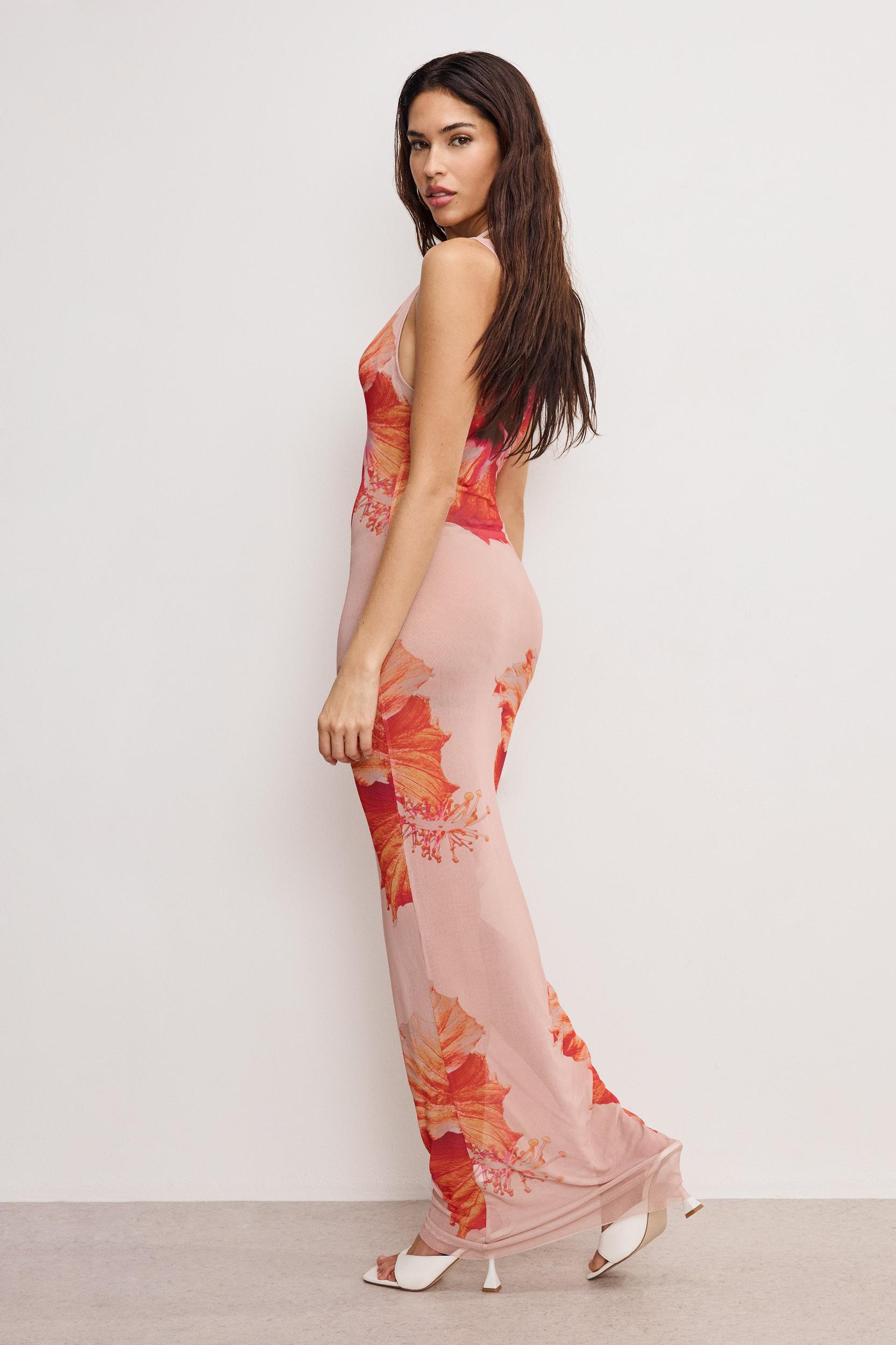 GAUZE MESH MAXI DRESS | MAUVE TROPICAL HIBISCUS001 Product Image