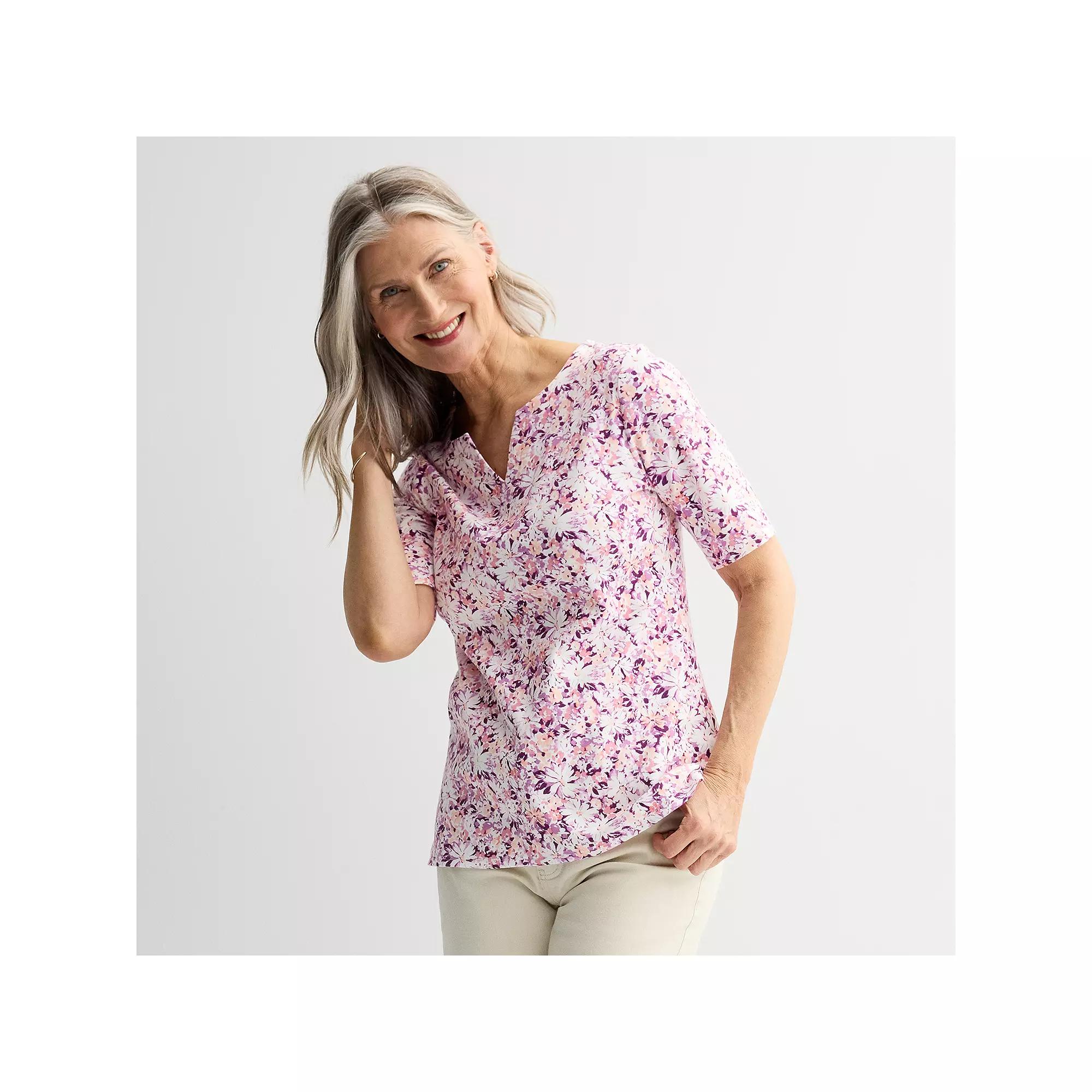 Women's Croft & Barrow® Elbow-Sleeve Splitneck Top, Size: Medium, Purple Team Floral Product Image