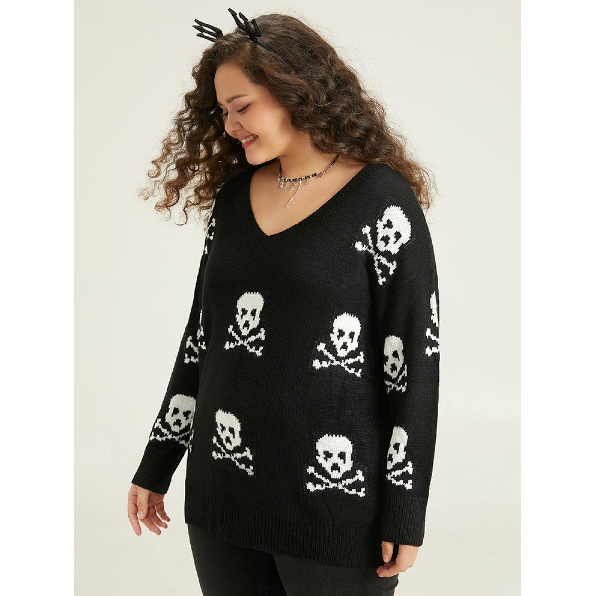 Plus Size Halloween Elastic Cuffs Skull Print Pullover Black Women Casual Loose Long Sleeve V-neck Dailywear Pullovers BloomChic 26/4X Product Image