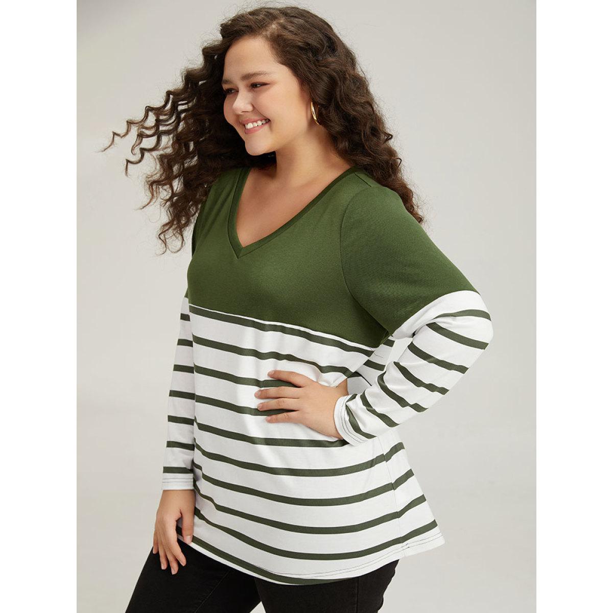 Plus Size Striped Patchwork Contrast V Neck Sweatshirt Women Green Casual Contrast V-neck Dailywear Sweatshirts BloomChic 10/M Product Image