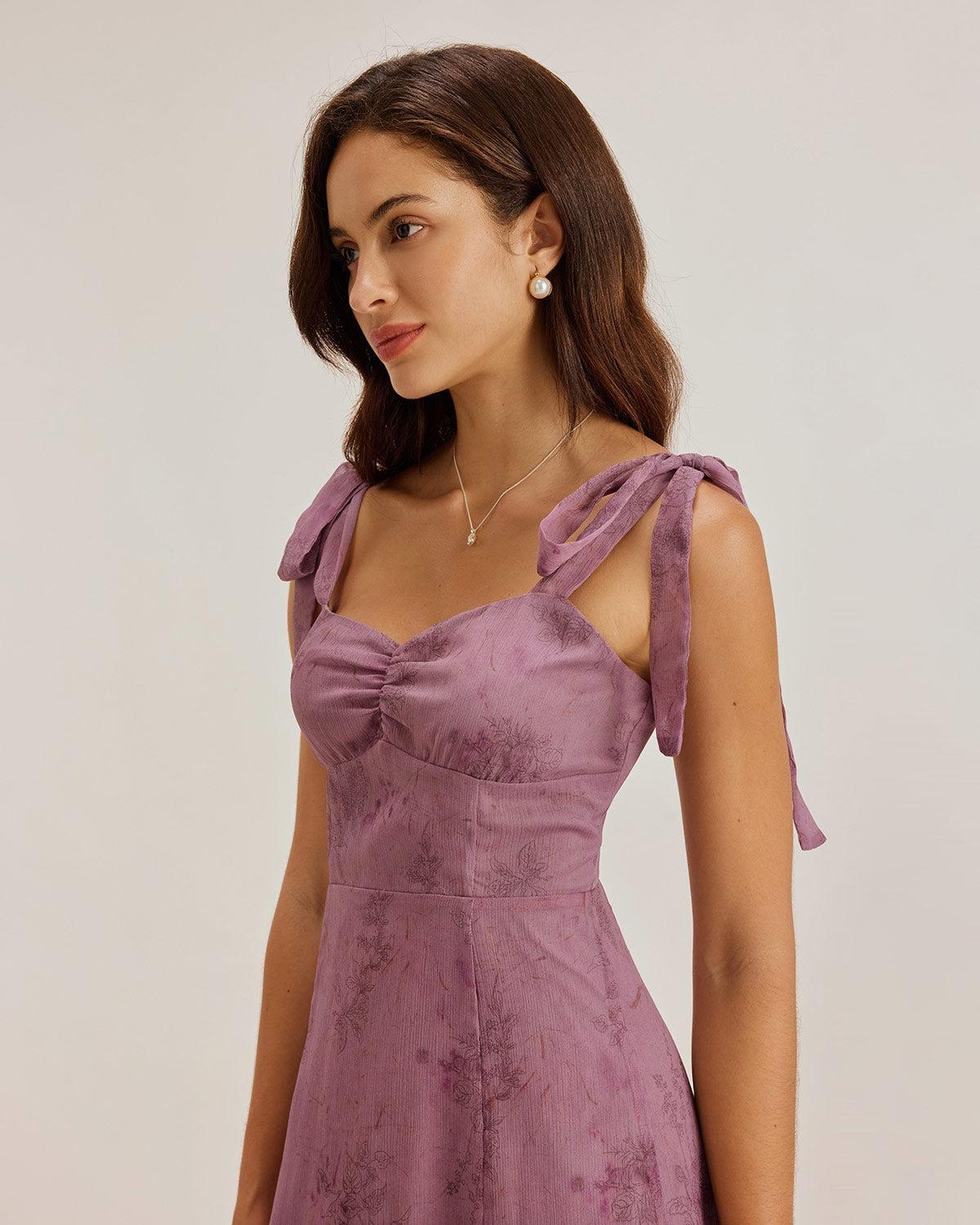 Purple Floral Tie Strap Midi Dress Product Image