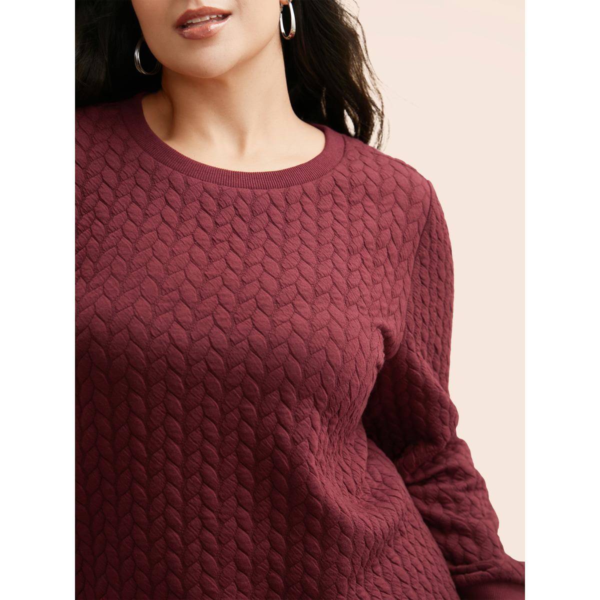 Plus Size Plain Textured Slightly Stretchy Sweatshirt Women Burgundy Casual Texture Round Neck Everyday Sweatshirts BloomChic 12/L Product Image