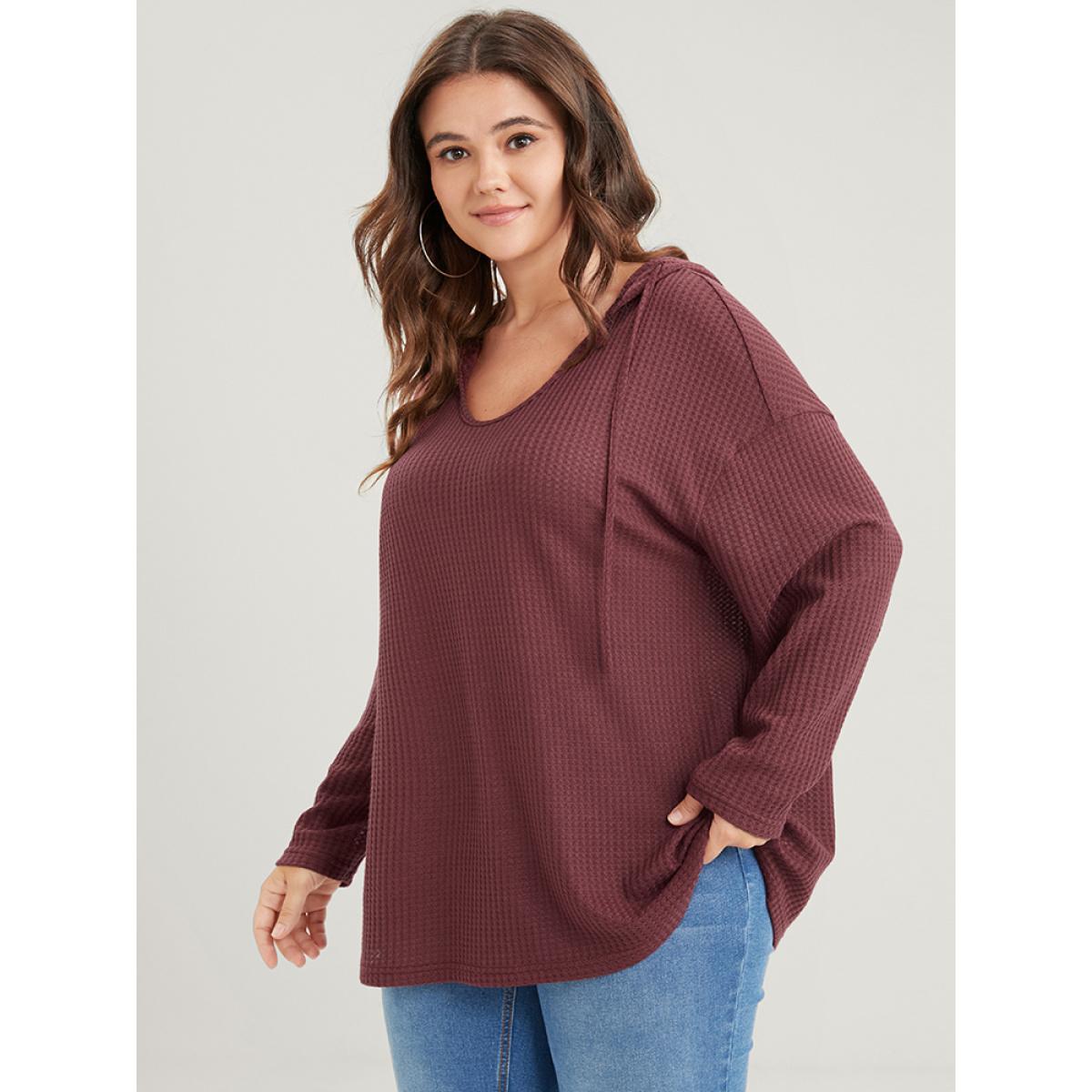 Plus Size Plain Ties Waffle Knit Hooded Sweatshirt Women Scarlet Casual Plain Hooded Dailywear Sweatshirts BloomChic 26/4X Product Image