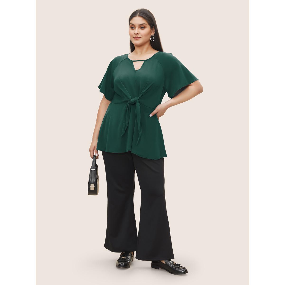 Plus Size DarkGreen Plain Keyhole Knotted Front Ruffle Sleeve Blouse Women Work From Home Short sleeve Round Neck Work Blouses BloomChic 28/5X Product Image