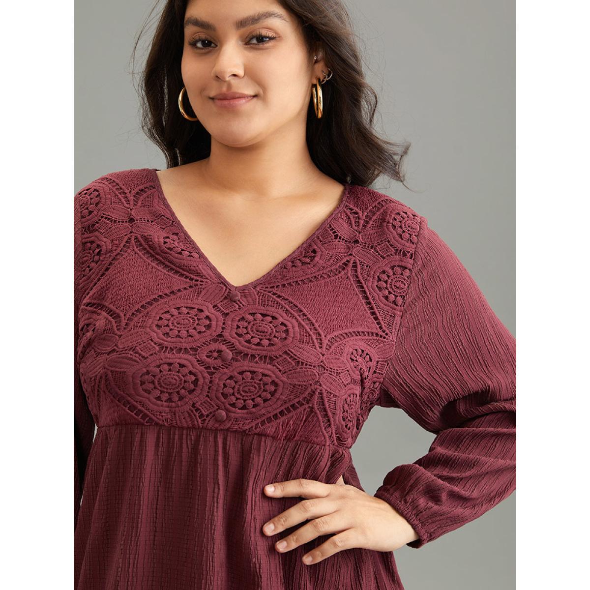 Plus Size Burgundy Solid Crochet Lace Button Detail Blouse Women Elegant Long Sleeve V-neck Dailywear Blouses BloomChic 12/L Product Image