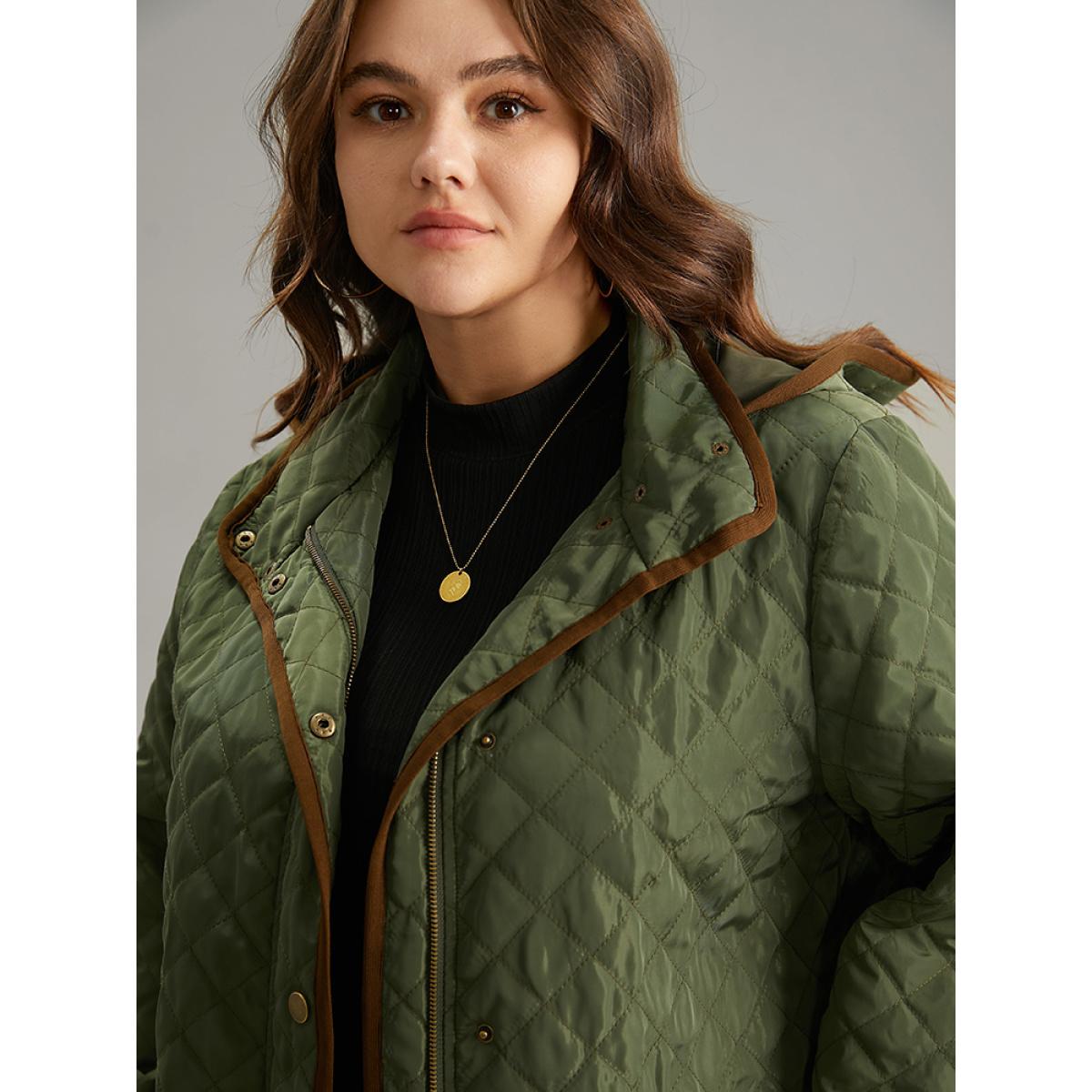 Plus Size Contrast Zipper Hooded Quilted Padded Coat Women ArmyGreen Casual Contrast Ladies Dailywear Winter Coats BloomChic 28/5X Product Image