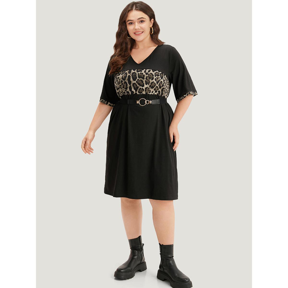Plus Size Supersoft Essentials Leopard Print Patchwork Pocket V Neck Dress Black Women Casual Plain V-neck Short sleeve Curvy Midi Dress BloomChic 14-16/1X Product Image
