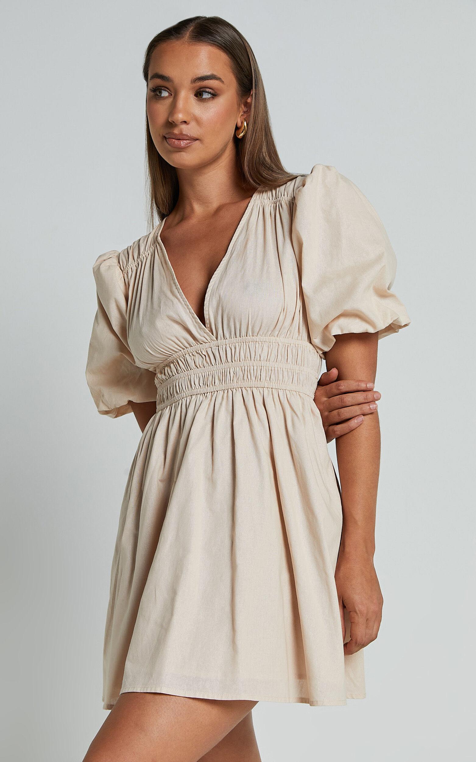 Francesca V Neck Puff Sleeves Mini Dress in Natural Product Image