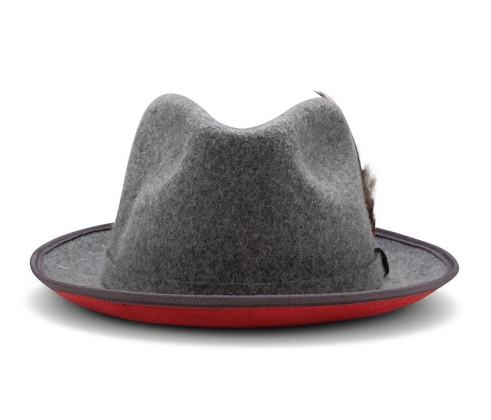 2 ¼" Brim Wool Felt Dress Hat with Feather Accent Gray with Red Bottom Product Image