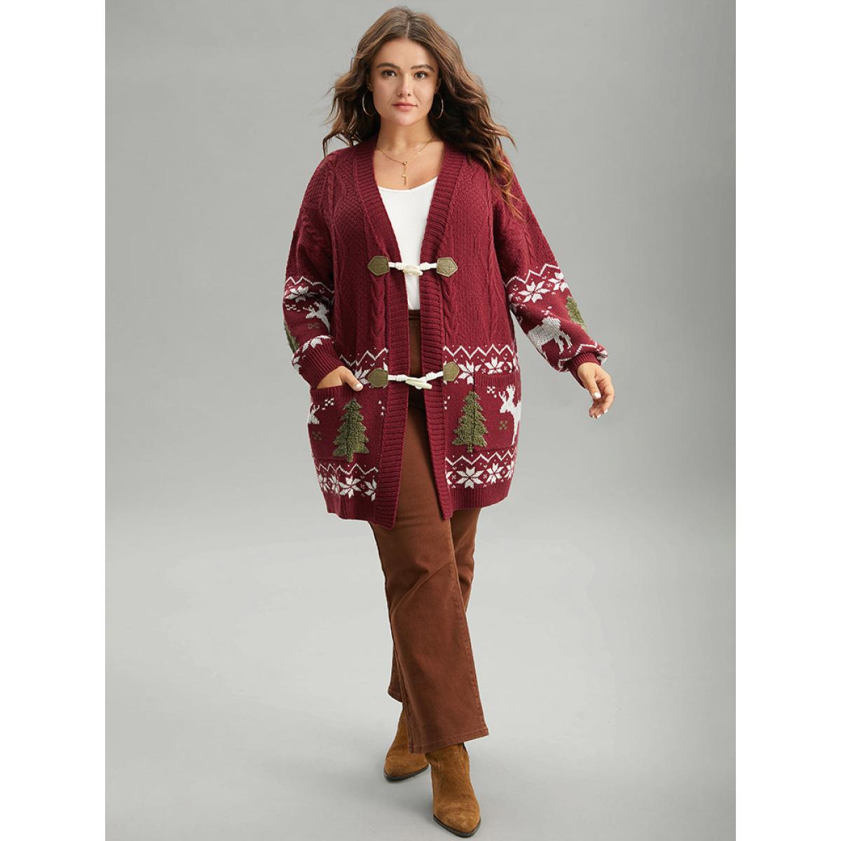 Plus Size Christmas Duffle Button Cable Knit Pocket Cardigan Scarlet Women Casual Loose Long Sleeve Festival-Halloween Cardigans BloomChic 30/6X Product Image
