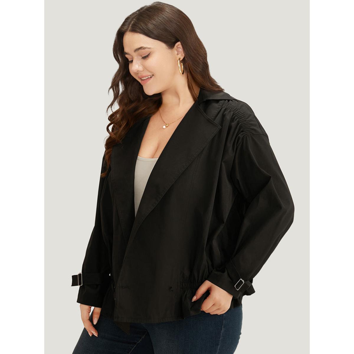 Plus Size Shirred Lapel Collar Metal Buckle Button Up Coat Women Black Casual Gathered Ladies Dailywear Winter Coats BloomChic 18-20/2X Product Image