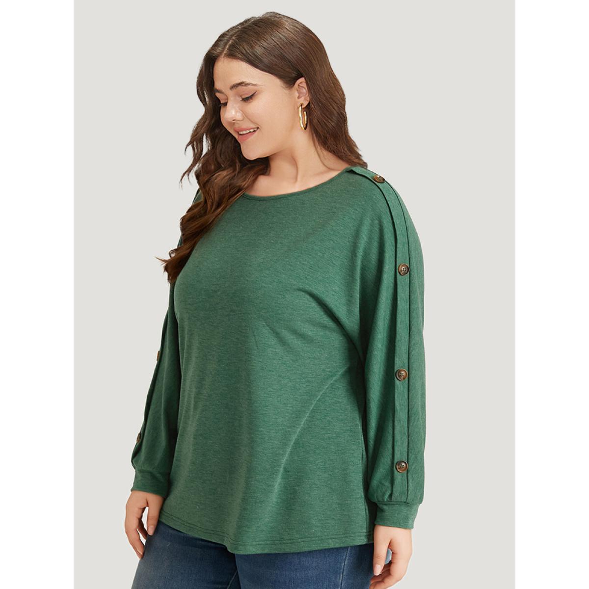 Plus Size Solid Round Neck Button Detail Dolman Sleeve Sweatshirt Women DarkGreen Casual Elastic cuffs Round Neck Dailywear Sweatshirts BloomChic 22-24/3X Product Image